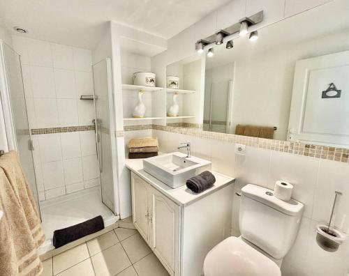 a bathroom with a toilet and a sink and a shower at Maison Les aloes - vue mer et proche centre ville in Propriano