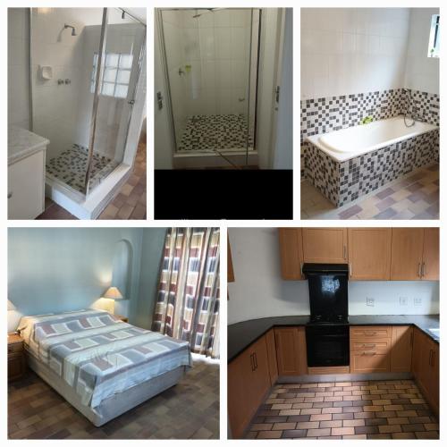 a collage of four pictures of a bathroom with a shower at Pennington Beach Cottage Holiday accommodation in Pennington