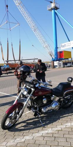 two men standing next to a motorcycle with a swing at Landhaus Löwenzahn in Dornum