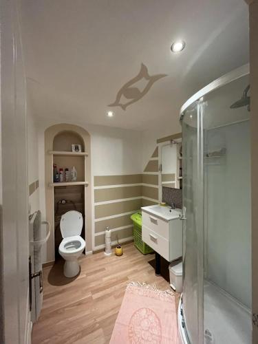 une salle de bain avec une douche, des toilettes et un lavabo dans l'établissement Appartement confortable à Saint-Éloy-les-Mines 55 m² pour 6 personnes, à Saint-Éloy-les-Mines