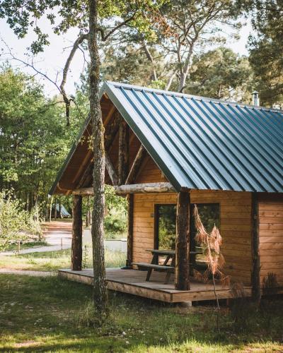 une cabane en rondins avec un toit bleu et une table de pique-nique dans l'établissement Village Huttopia Senonches - Perche, à Senonches