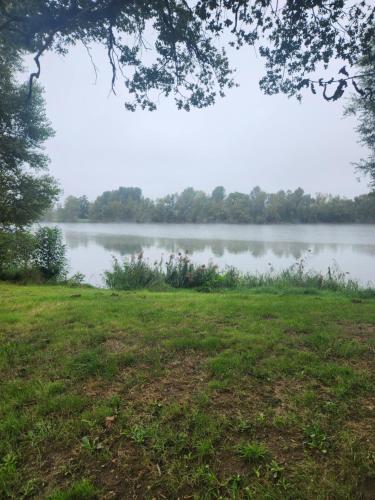 a view of a lake with trees in the background at BnB Confort in Bruère-Allichamps