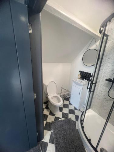 a small bathroom with a toilet and a shower at Town Centre En Suite Room 5 in Barnstaple