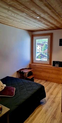 une chambre avec un lit et une grande fenêtre dans l'établissement Les Gets, centre Vieux Village, appartement T2 l'Eden, aux Gets