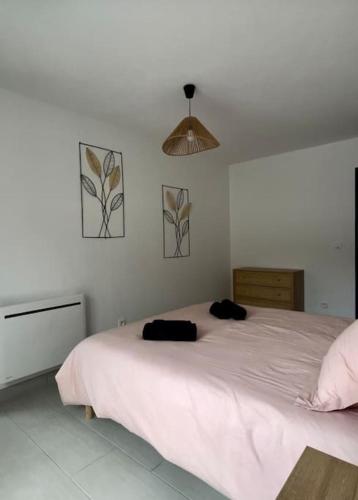 - une chambre dotée d'un grand lit blanc avec deux objets noirs dans l'établissement Appartement Lion de Flandres, à Dunkerque