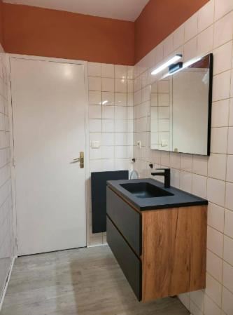 La salle de bains est pourvue d'un lavabo et d'une porte blanche. dans l'établissement T2 barbusse 4pers, 3lits, wifi, à Agen