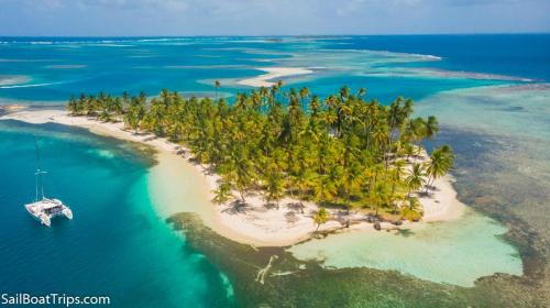 an island with palm trees and a boat in the ocean at Catamaran in San Blás Islands, private boat in Waisalatupo