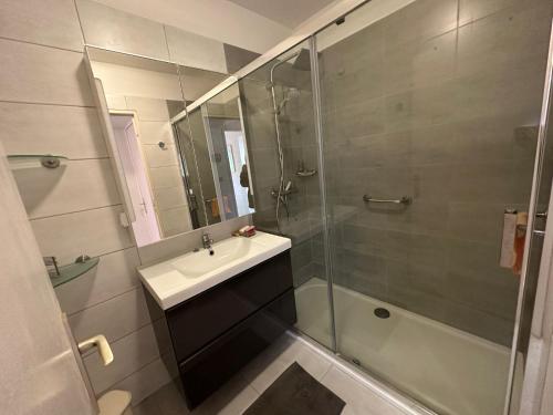 une salle de bain avec un lavabo et une douche en verre dans l'établissement Grand T2 avec loggia et terrasse à proximité du port de Saint Mandrier et des plages, à Saint-Mandrier-sur-Mer