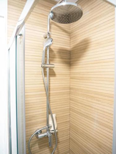 a shower in a bathroom with a wooden wall at Apartamento Edificio Callao in Ferrol