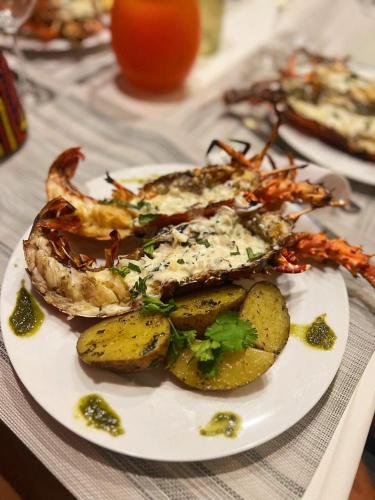 a plate of food with seafood and potatoes on a table at Catamaran in San Blás Islands, private boat in Waisalatupo