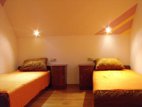 two beds in a small room with lights on the ceilings at Noclegi u Brody in Hoczew
