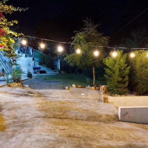 a park lit up at night with lights at Estancia La Esperanza in Jarabacoa