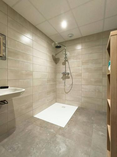 une salle de bain avec douche et lavabo dans l'établissement La Gaufrette, à Ampuis