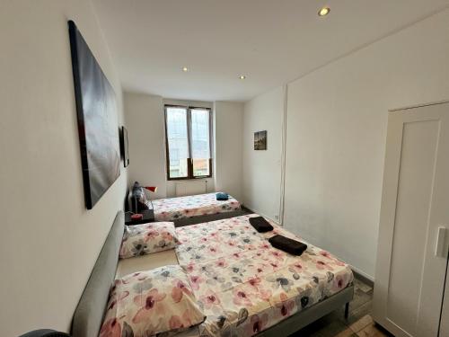 une chambre avec deux lits et un mur dans l'établissement 012 CHIC & COSY F2 34m2 HYPERCENTRE WIFI SMART TV NETFLIX, à Saint-Étienne