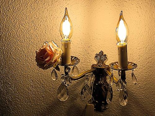 a candle holder with two candles and a flower on a wall at Tirano Express Comfort Apartment 2P in Tirano