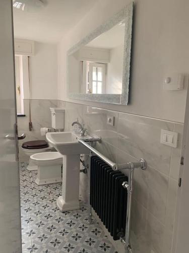 a bathroom with a sink and a toilet and a mirror at Le Bodole in Viareggio