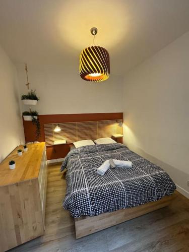 une chambre avec un lit avec une couverture noire et blanche dans l'établissement Appartement charmant hypercentre avec patio privé et parking, à Orléans
