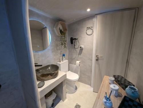 a bathroom with a sink and a toilet and a mirror at Skalani house avec jacuzzi in Skalánion