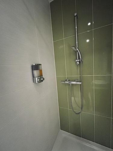 La salle de bains est pourvue d'une douche avec du carrelage vert. dans l'établissement ins'temps 67, à Strasbourg