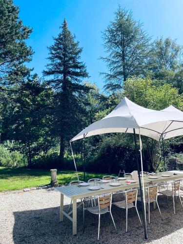 a picnic table with chairs and an umbrella at Maison de maître 15 personnes in Lierval