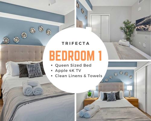 Postel nebo postele na pokoji v ubytování High-Rise Apt Raleigh Free Parking & Sunset View 1