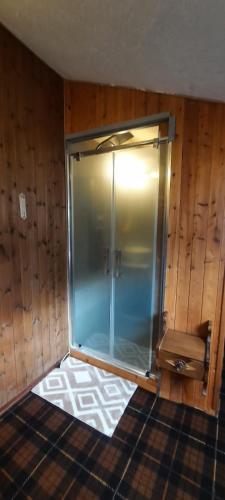 a glass shower in a room with wooden walls at Le Chat Riant Deluxe in Fenis