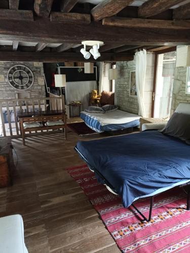 une chambre avec deux lits dans une pièce dans l'établissement Magnifique Moulin proche Chablis, jacuzzi et rivière, à Annay-sur-Serein