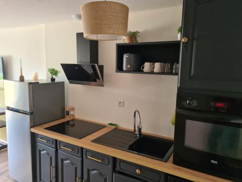 une cuisine avec un évier et un réfrigérateur dans l'établissement L inattendu, à Le Thoureil