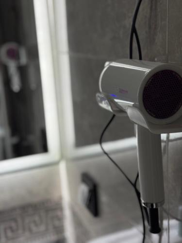 a speaker on a pole in front of a mirror at Madoyans Rest House in Antarut