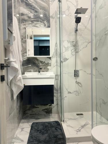 a bathroom with a sink and a shower at Zurabyan's Home in Yerevan