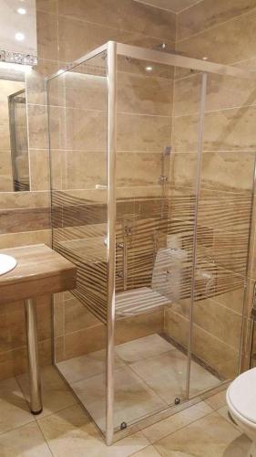 a shower stall in a bathroom with a toilet at Jaś i Małgosia in Poraj