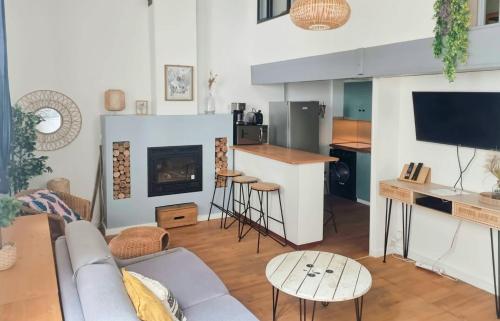un salon avec un canapé et une cheminée dans l'établissement Fleuriau cozy boheme Proche marché & Vieux Port, à La Rochelle