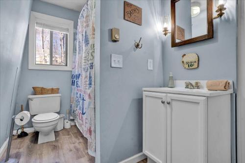 a bathroom with a toilet and a sink and a mirror at Pet Friendly! Lakefront w Hot Tub, Firepit! in Tobyhanna