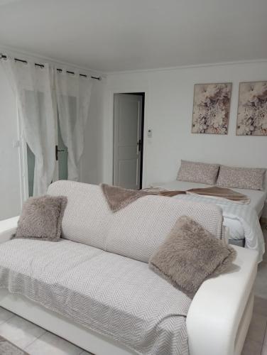 un salon avec deux lits et un canapé dans l'établissement Villa Jasmin, bas de villa, à 10 min de Cannes, piscine privée chauffée, au Cannet