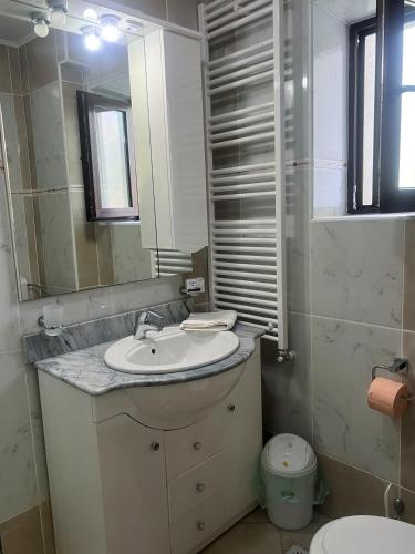 a bathroom with a sink and a toilet and a mirror at Vila Alunis in Buşteni