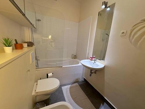 une salle de bain blanche avec des toilettes et un lavabo dans l'établissement Charmant Appartement Parisien Près du Louvre Paris, France, à Paris