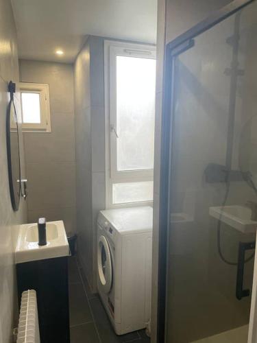 une salle de bain avec une machine à laver et un lavabo dans l'établissement Beautiful and large apartment Paris Montparnasse, à Paris