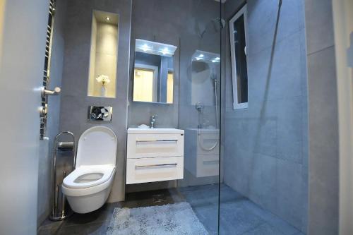 a bathroom with a toilet and a sink and a shower at Modern Apartment in Belgrade Most Central Location in Belgrade