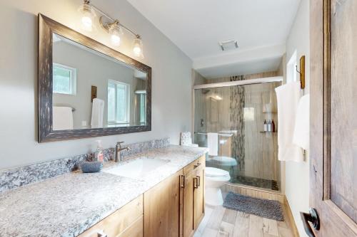 a bathroom with a sink and a mirror and a toilet at Homewood Cabin Among the Pines in Homewood