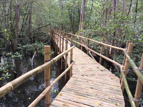 a wooden bridge in the middle of a forest at Lekker Gezellig Dive Resort Manado in Bunaken