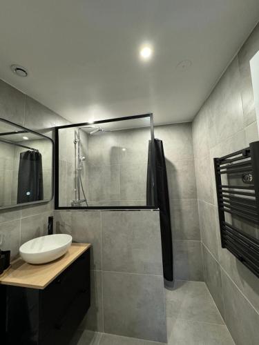 une salle de bain avec un lavabo et une douche dans l'établissement Garden home Aulnay-sous-Bois, à Aulnay-sous-Bois