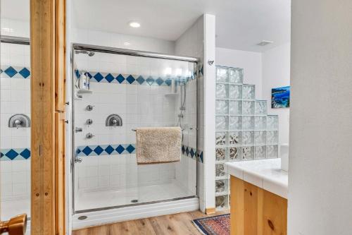 a bathroom with a shower with blue and white tiles at The Big Bear Chalet Private Hot Tub in Carnelian Bay