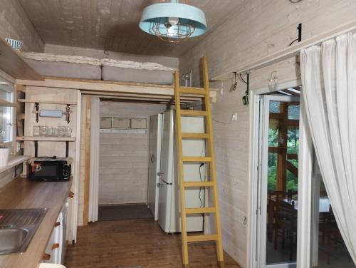 a tiny house with a ladder in a kitchen at Včelín in Morávka