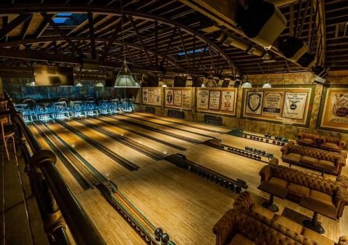 an overhead view of an empty bowling alley at Sky-Rise Apartments in Los Angeles