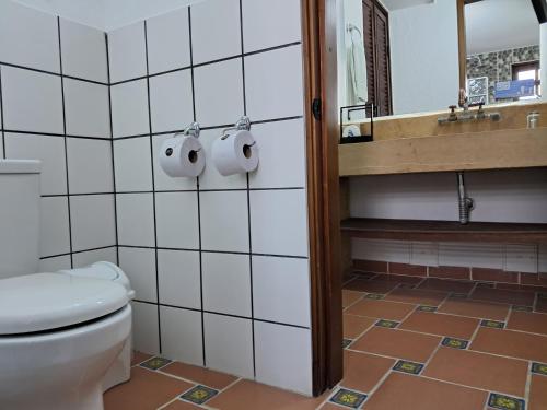 a bathroom with a toilet and a sink and a mirror at La Floresta de Cite Hotel in Cite
