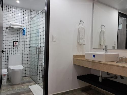 a bathroom with a sink and a toilet and a shower at La Floresta de Cite Hotel in Cite
