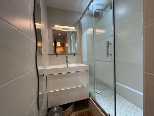 une salle de bain avec un lavabo et une douche en verre dans l'établissement Studio cabine 4 couchages au pied des pistes, proche commerces - Auris en Oisans - FR-1-297-343, à Auris