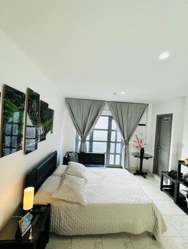 Un dormitorio con una cama grande y una ventana. en Hotel Fermín, en Santa Rosa de Cabal