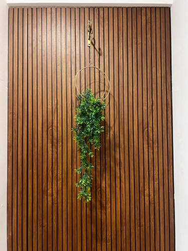 a plant is hanging on a wooden fence at SAHARHOMEstay O3 in Mysore