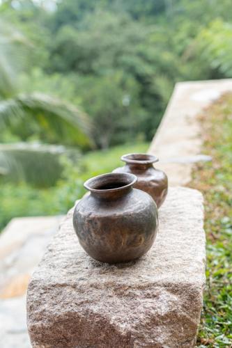 two vases sitting on top of a rock at Tea Heights and Spa in Kandy